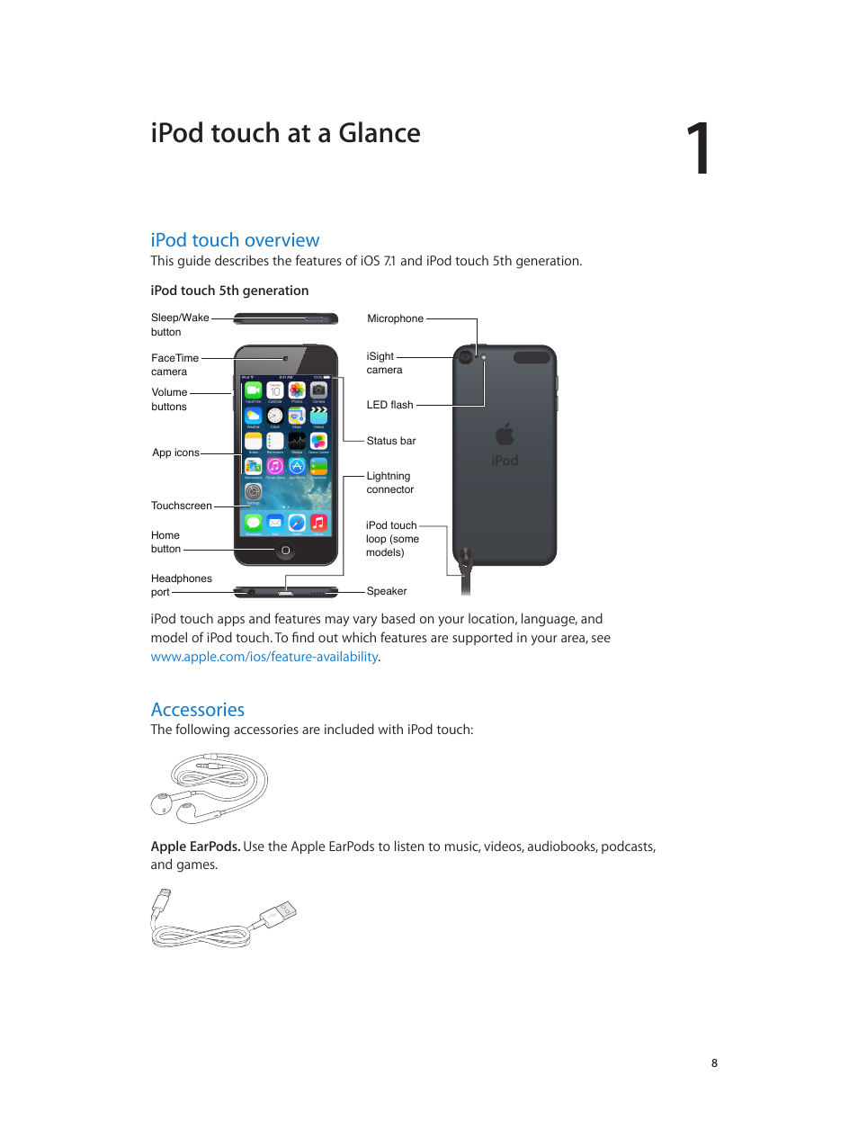 Chapter 1: ipod touch at a glance, Ipod touch overview, Accessories | Ipod touch at a glance | Apple iPod touch iOS 7.1 User Manual | Page 8 / 144