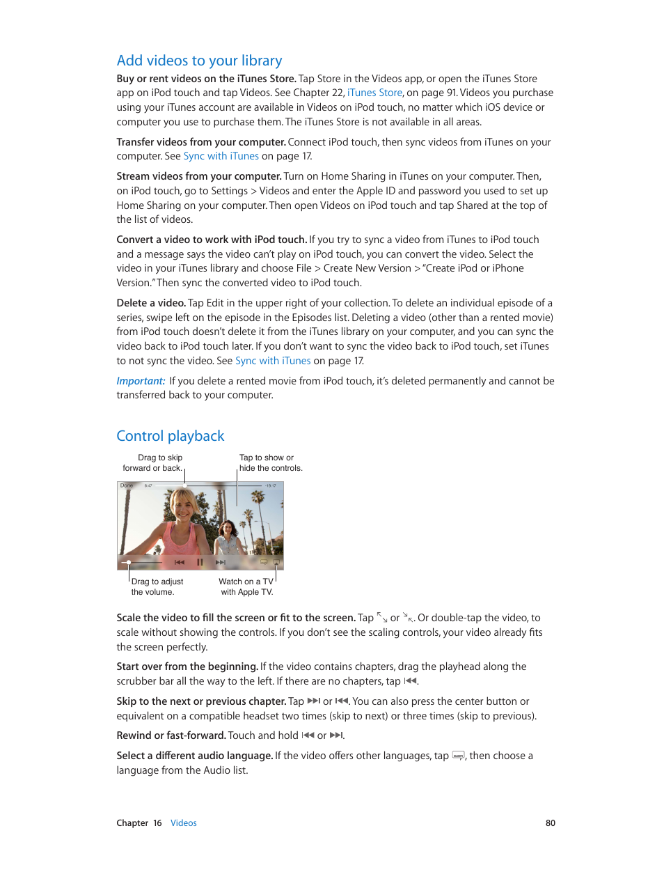 Add videos to your library, Control playback, 80 add videos to your library 80 control playback | Apple iPod touch iOS 7.1 User Manual | Page 80 / 144