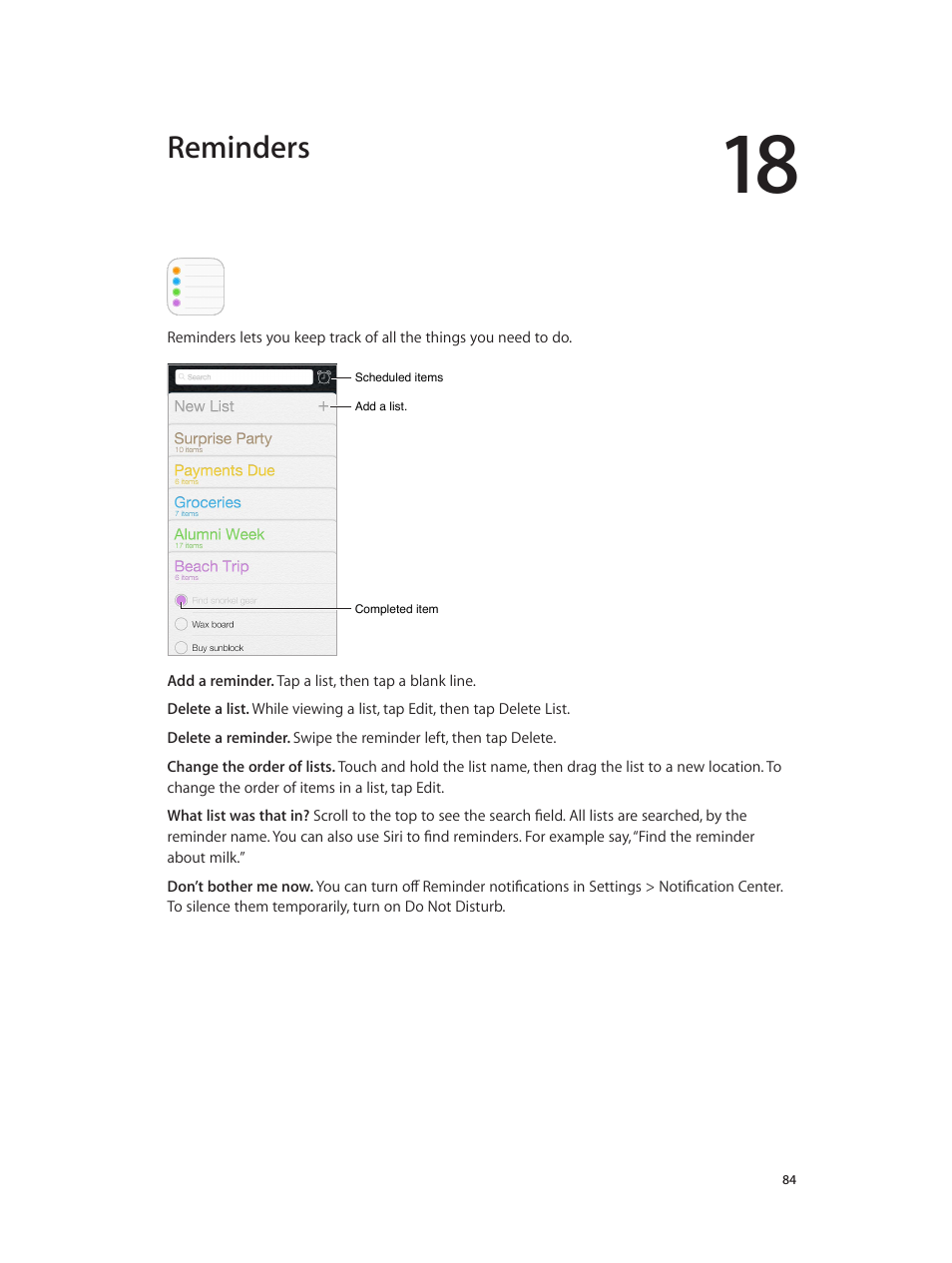 Chapter 18: reminders, Reminders | Apple iPod touch iOS 7.1 User Manual | Page 84 / 144