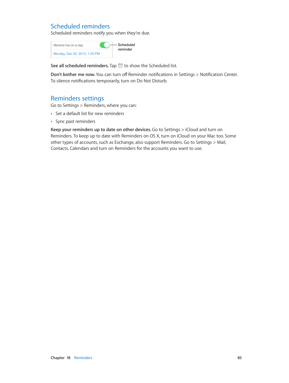 Scheduled reminders, Reminders settings, 85 scheduled reminders | 85 reminders settings | Apple iPod touch iOS 7.1 User Manual | Page 85 / 144