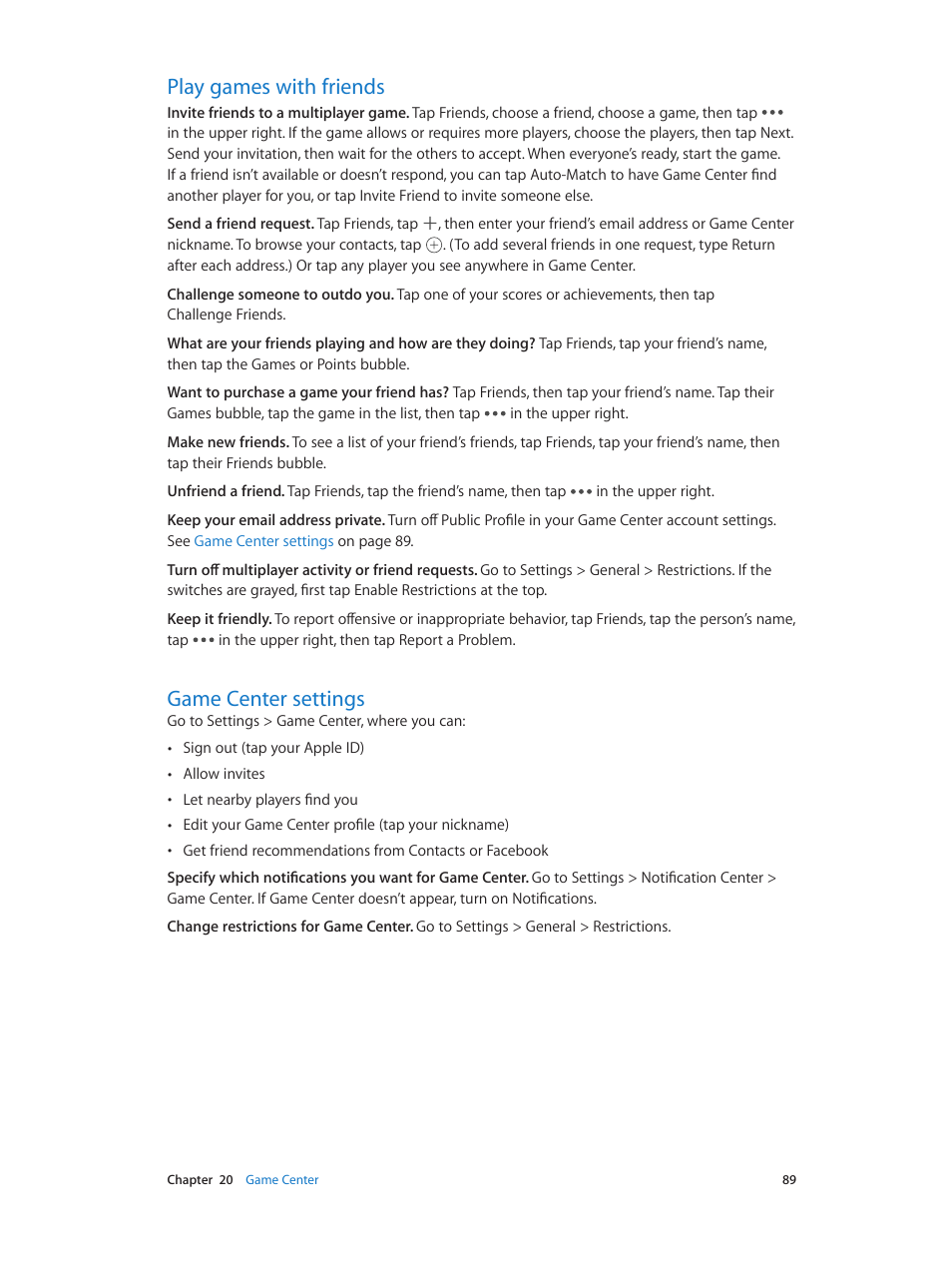 Play games with friends, Game center settings, 89 play games with friends 89 game center settings | Apple iPod touch iOS 7.1 User Manual | Page 89 / 144