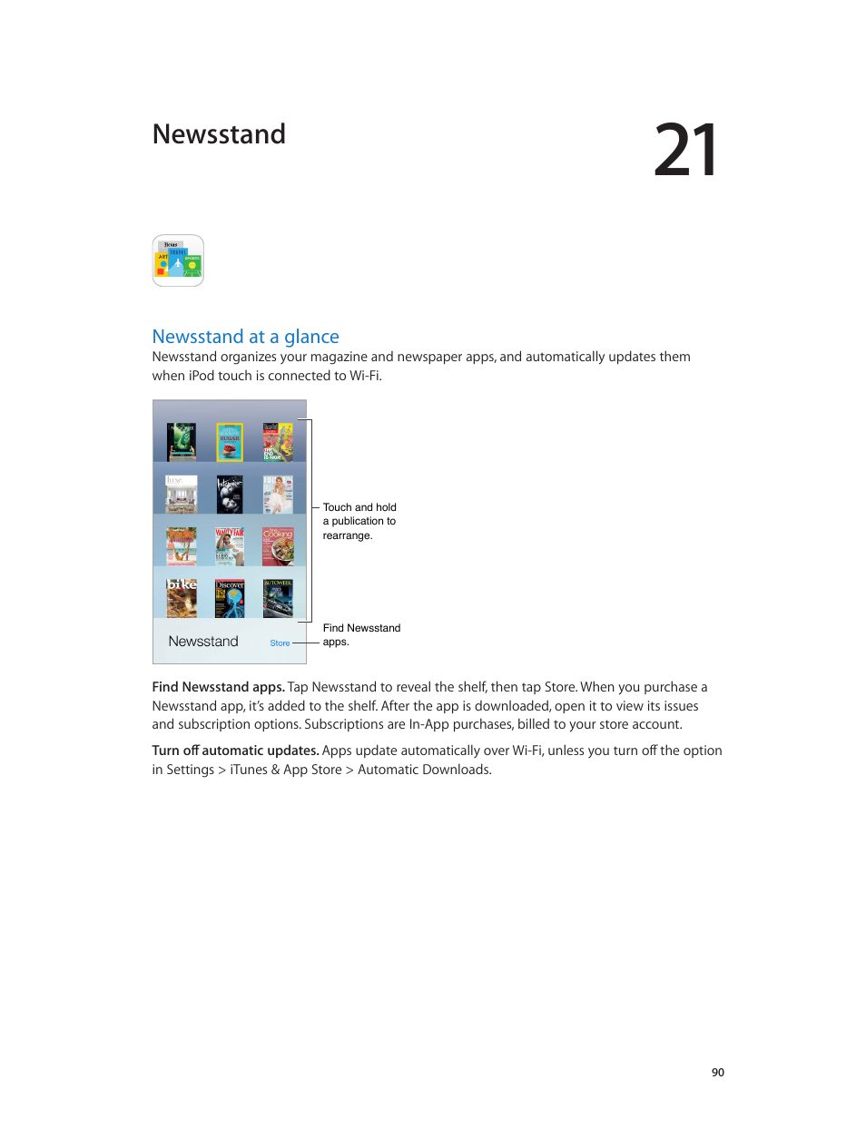 Chapter 21: newsstand, Newsstand at a glance, 90 newsstand at a glance | Newsstand | Apple iPod touch iOS 7.1 User Manual | Page 90 / 144