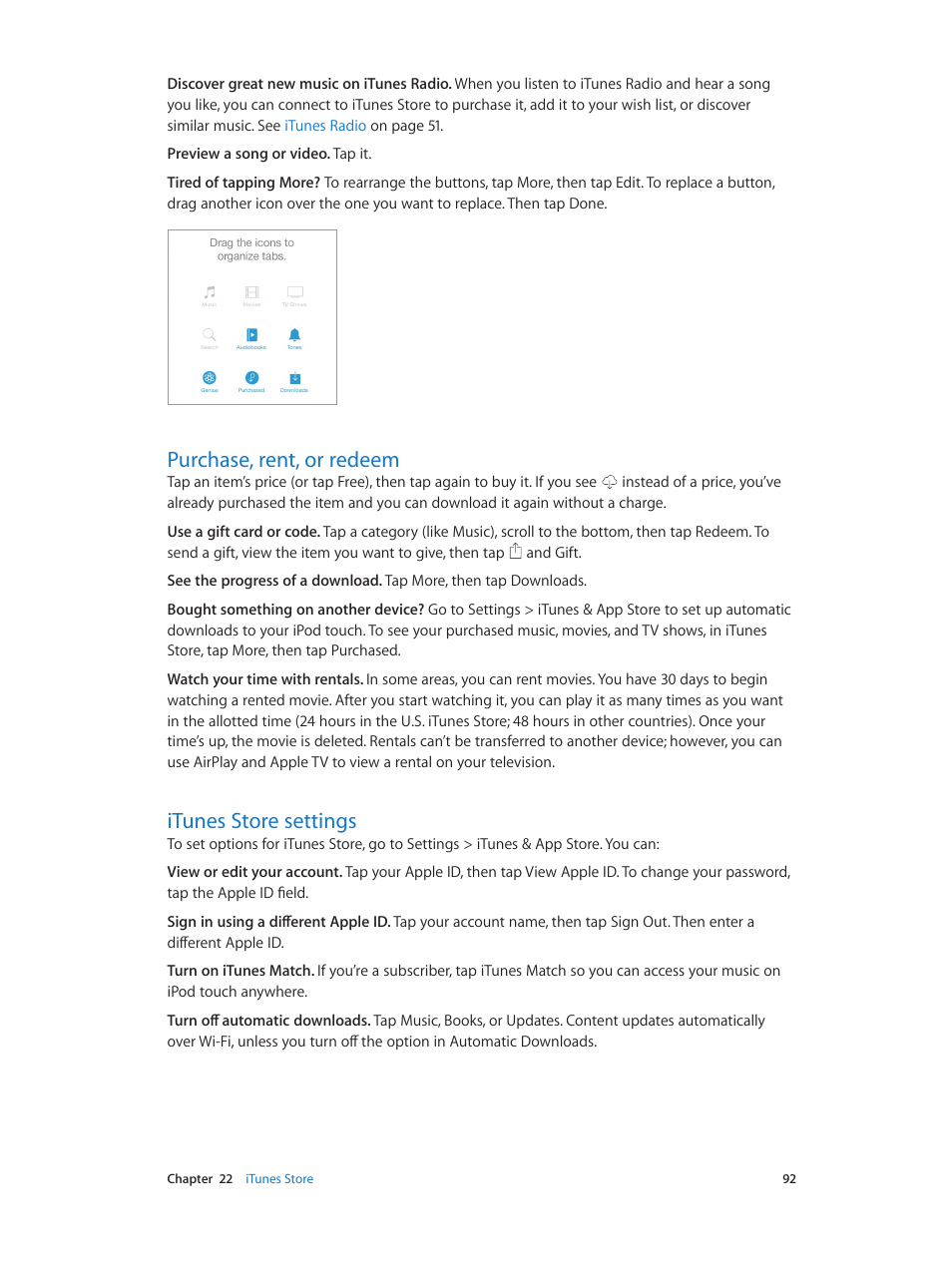 Purchase, rent, or redeem, Itunes store settings | Apple iPod touch iOS 7.1 User Manual | Page 92 / 144