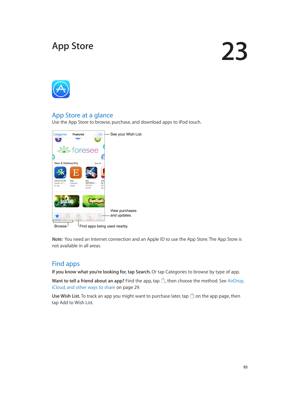 Chapter 23: app store, App store at a glance, Find apps | 93 app store at a glance 93 find apps, App store | Apple iPod touch iOS 7.1 User Manual | Page 93 / 144