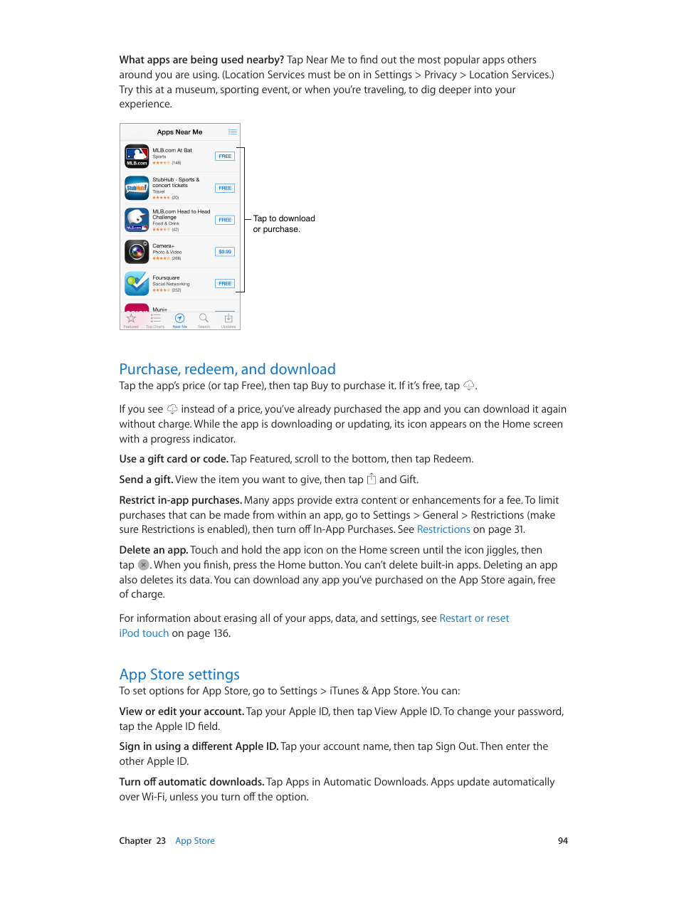 Purchase, redeem, and download, App store settings | Apple iPod touch iOS 7.1 User Manual | Page 94 / 144