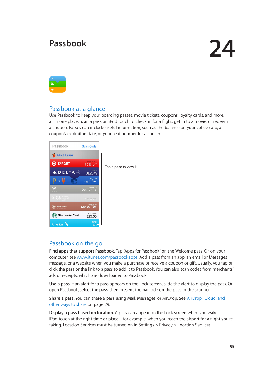 Chapter 24: passbook, Passbook at a glance, Passbook on the go | 95 passbook at a glance 95 passbook on the go, Passbook | Apple iPod touch iOS 7.1 User Manual | Page 95 / 144