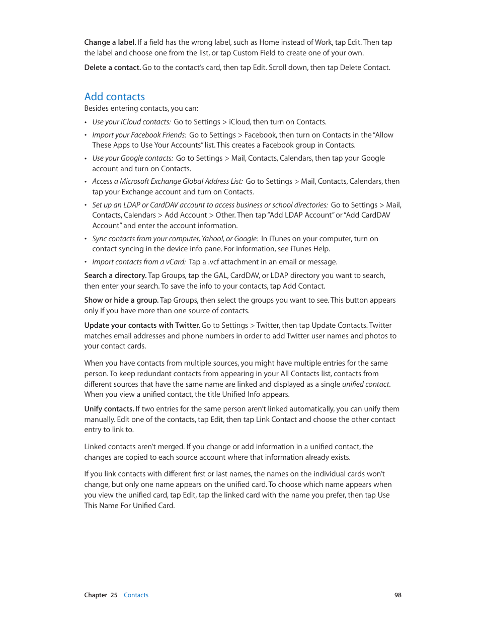 Add contacts, 98 add contacts | Apple iPod touch iOS 7.1 User Manual | Page 98 / 144