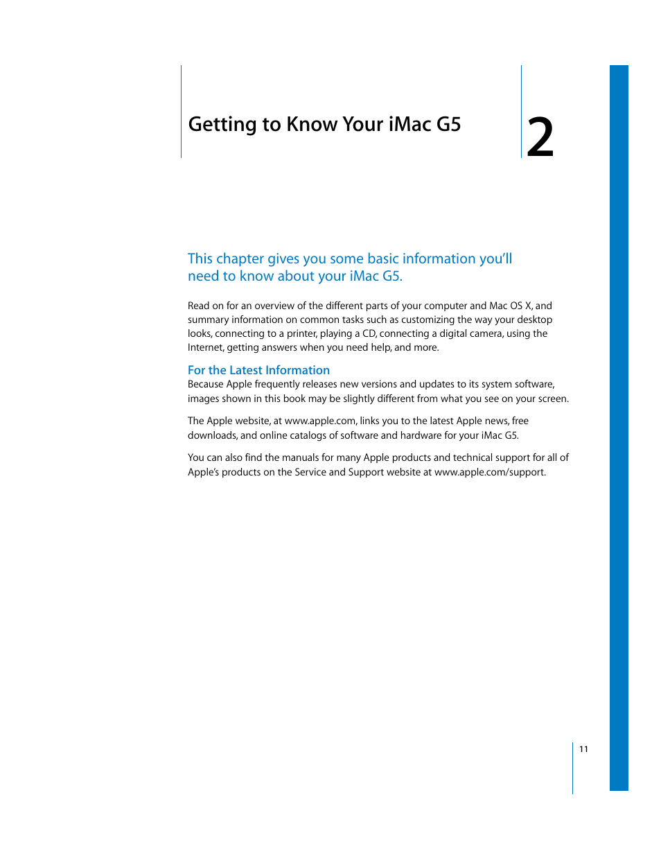 Getting to know your imacg5, For the latest information, Chapter | Chapter 2, “getting to know your imac g5, Getting to know your imac g5 | Apple iMac G5 User Manual | Page 11 / 96