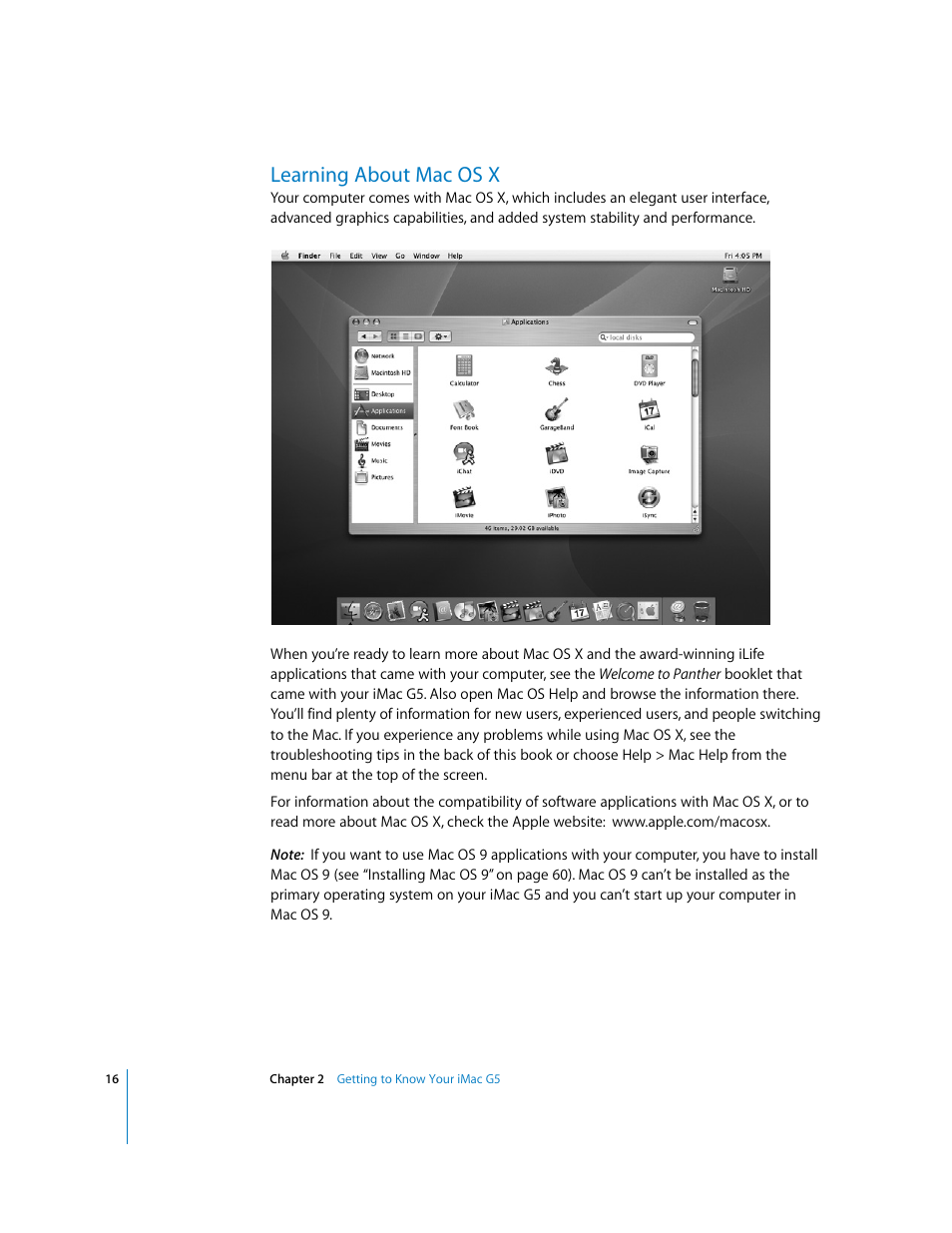 Learning about macosx, Learning about mac os x | Apple iMac G5 User Manual | Page 16 / 96