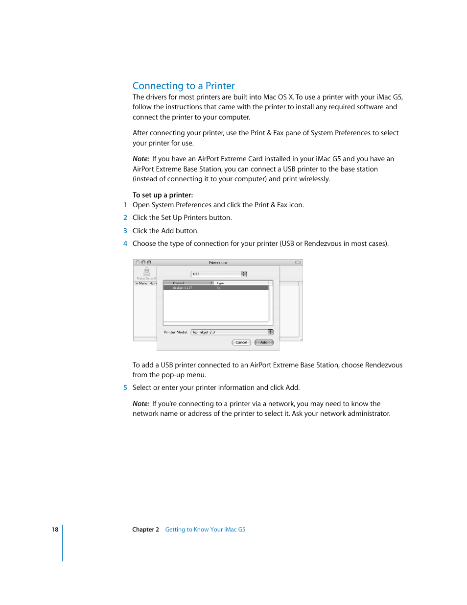 Connecting to a printer | Apple iMac G5 User Manual | Page 18 / 96