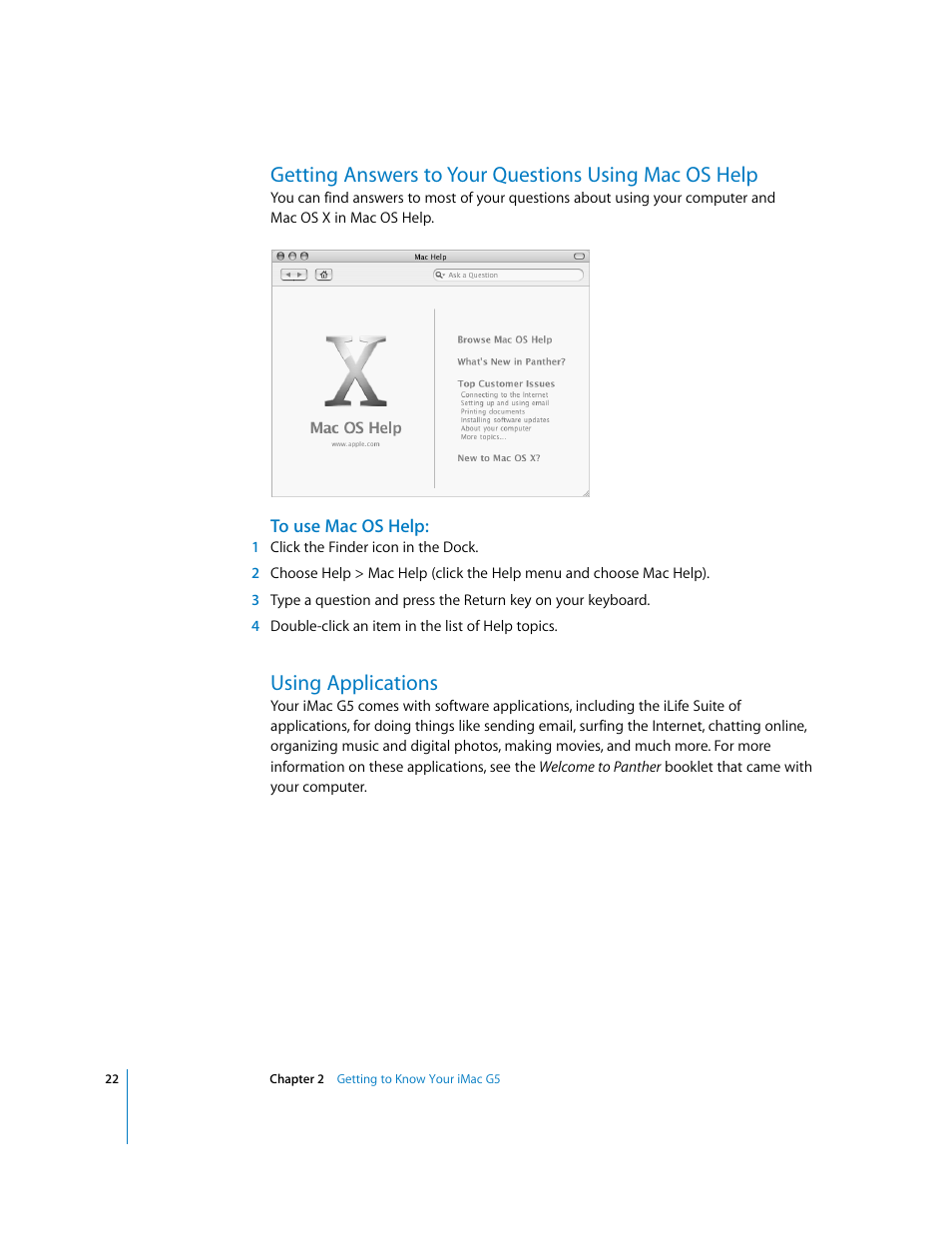 To use macos help, Using applications | Apple iMac G5 User Manual | Page 22 / 96