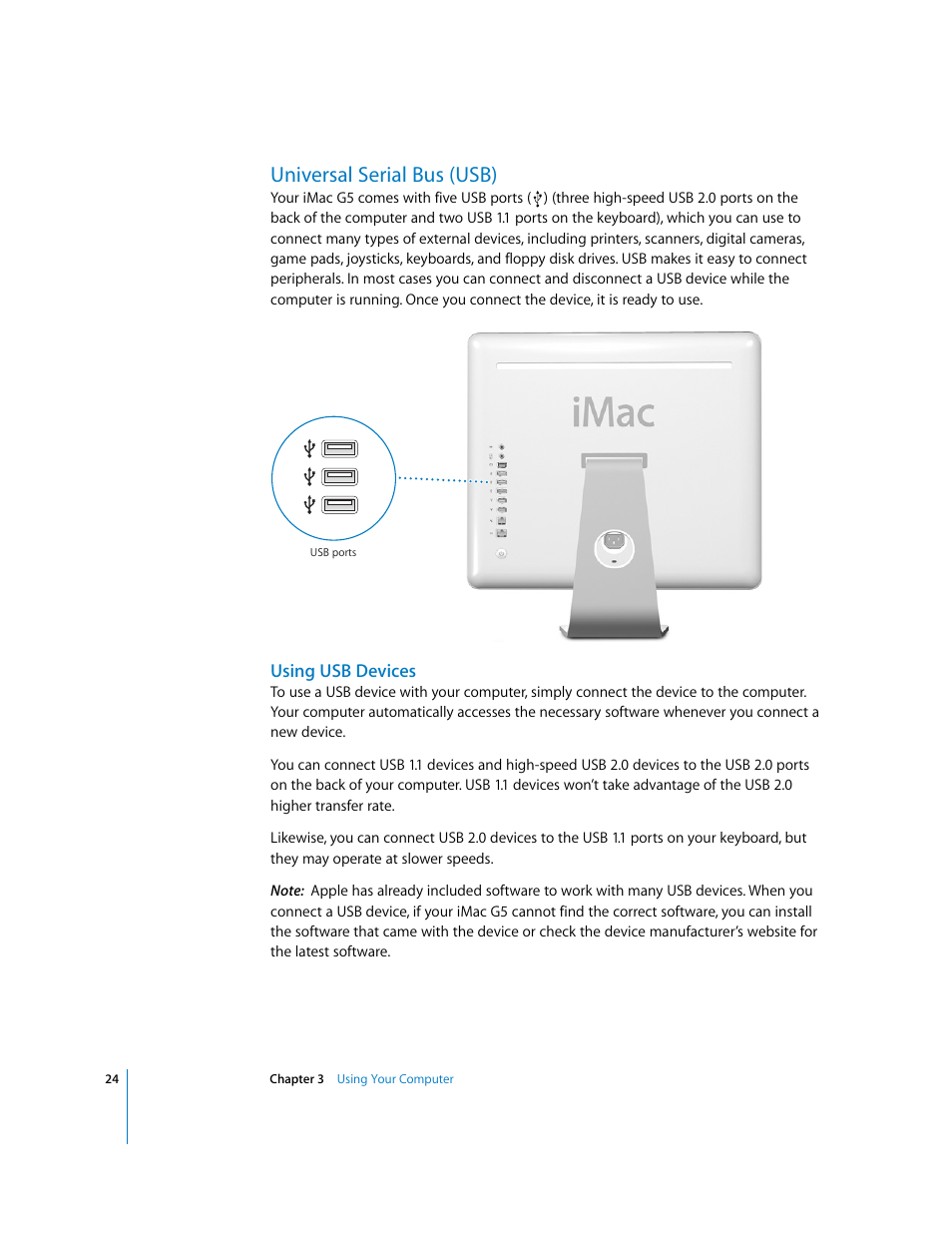 Universal serial bus (usb), Using usb devices | Apple iMac G5 User Manual | Page 24 / 96