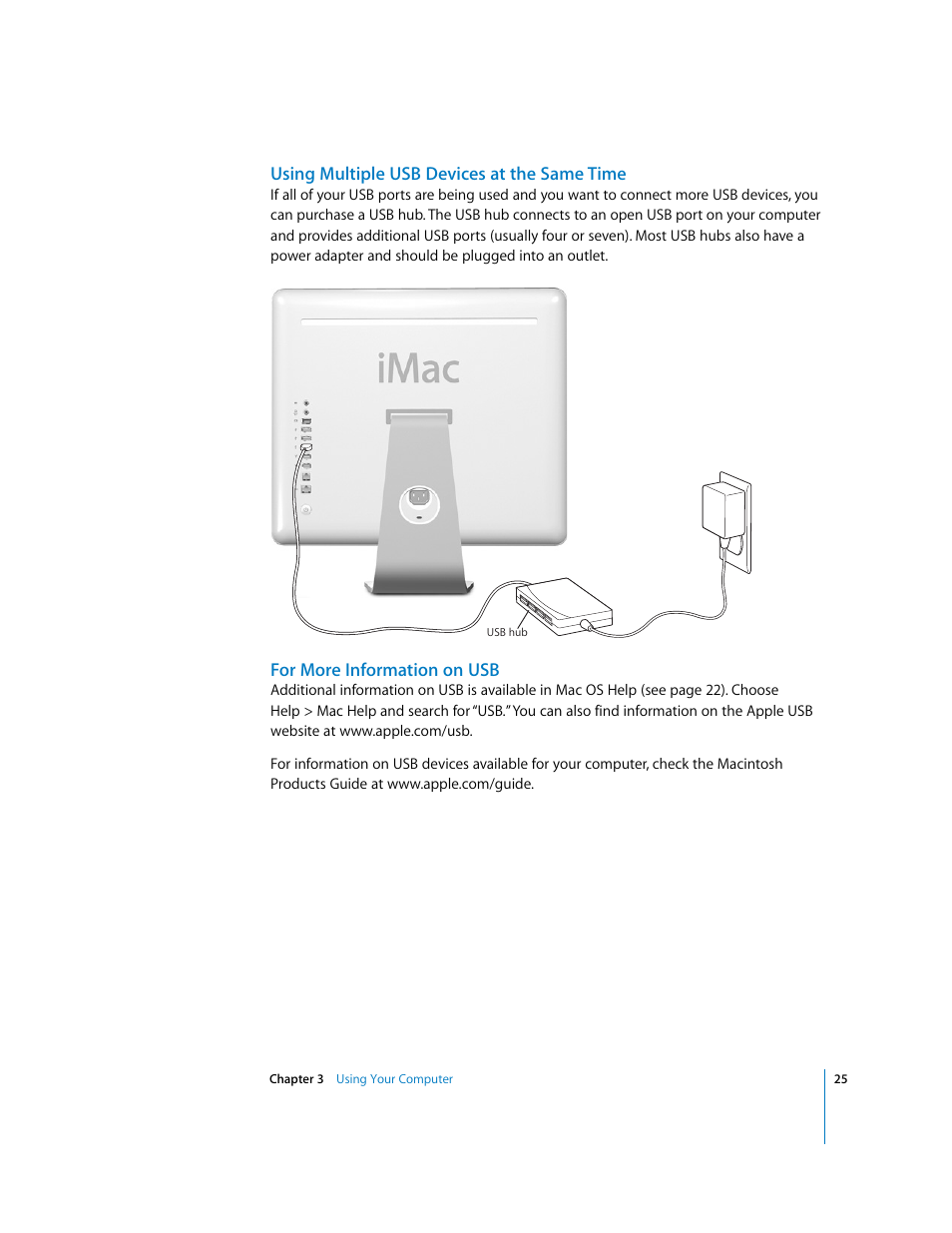 Using multiple usb devices at the same time, For more information on usb | Apple iMac G5 User Manual | Page 25 / 96