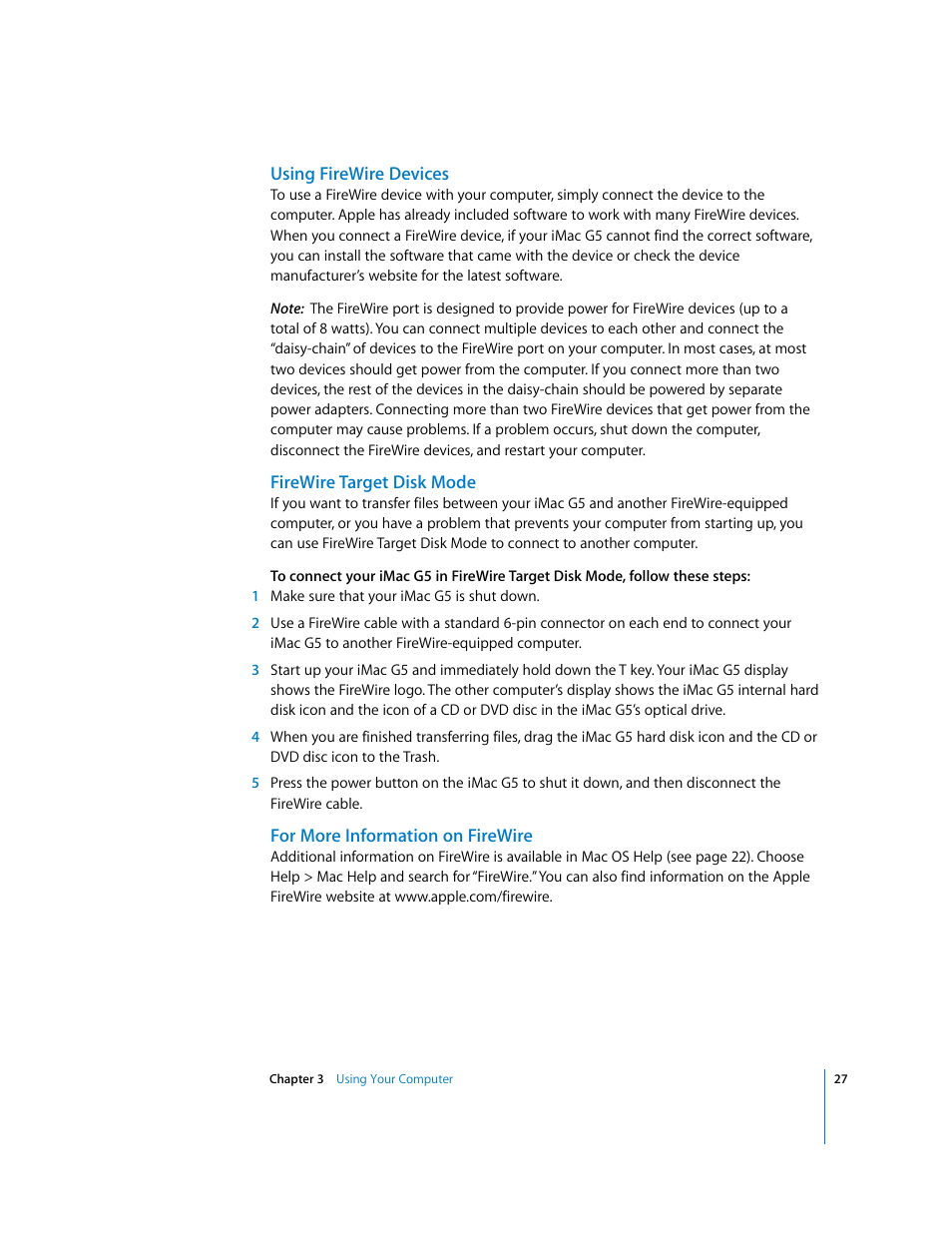 Using firewire devices, Firewire target disk mode, For more information on firewire | Apple iMac G5 User Manual | Page 27 / 96