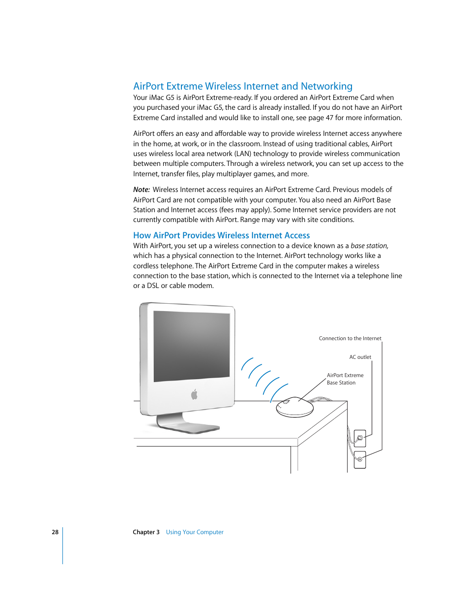 Airport extreme wireless internet and networking, How airport provides wireless internet access | Apple iMac G5 User Manual | Page 28 / 96