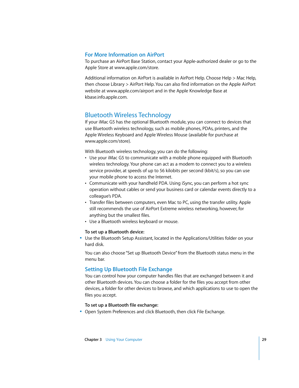 For more information on airport, Bluetooth wireless technology, Setting up bluetooth file exchange | Apple iMac G5 User Manual | Page 29 / 96