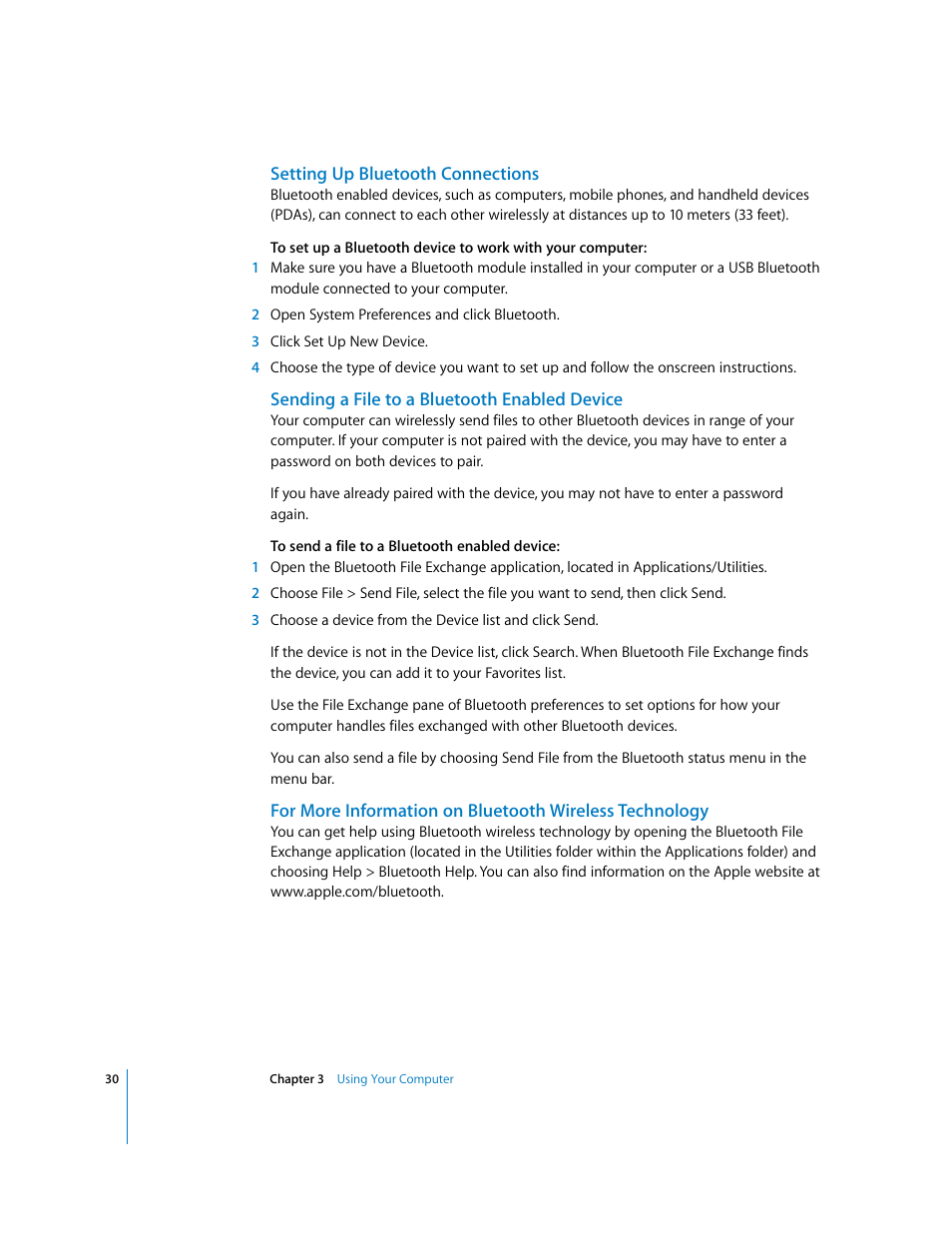Setting up bluetooth connections, Sending a file to a bluetooth enabled device | Apple iMac G5 User Manual | Page 30 / 96