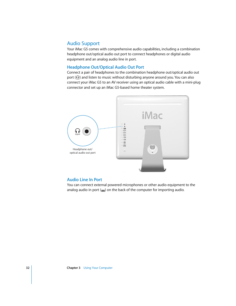 Audio support, Headphone out/optical audio out port, Audio line in port | Apple iMac G5 User Manual | Page 32 / 96
