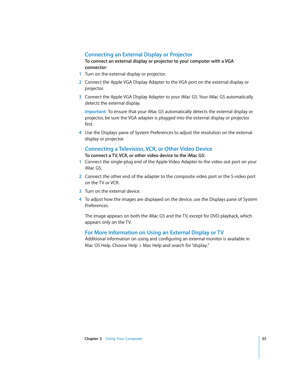 Connecting an external display or projector | Apple iMac G5 User Manual | Page 35 / 96