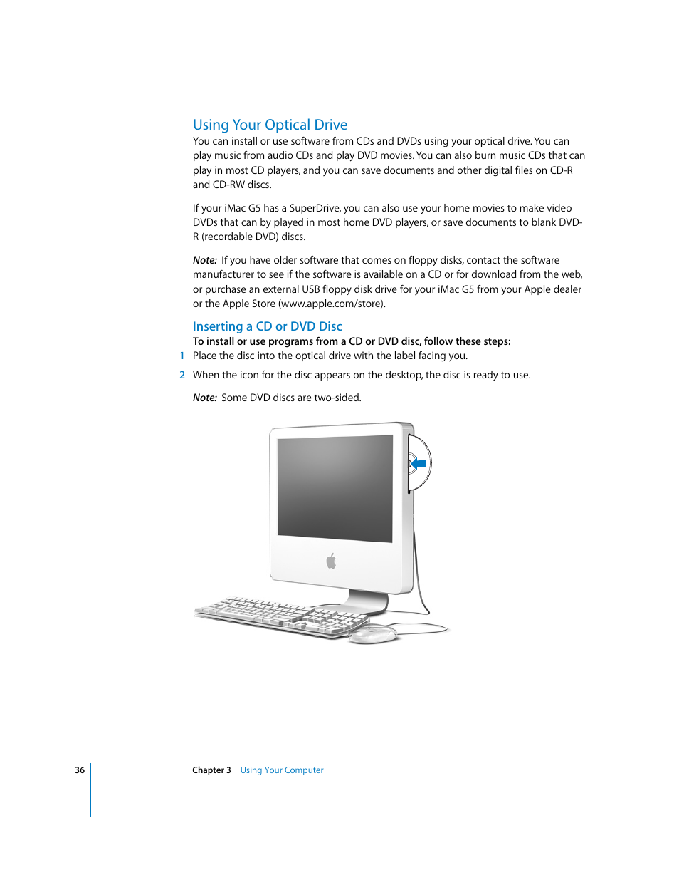 Using your optical drive, Inserting a cd or dvd disc | Apple iMac G5 User Manual | Page 36 / 96