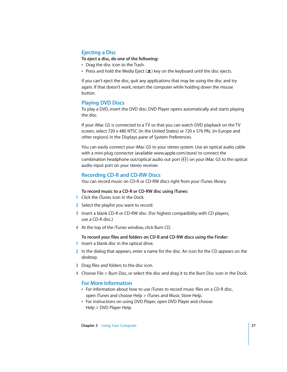 Ejecting a disc, Playing dvd discs, Recording cd-r and cd-rw discs | For more information | Apple iMac G5 User Manual | Page 37 / 96