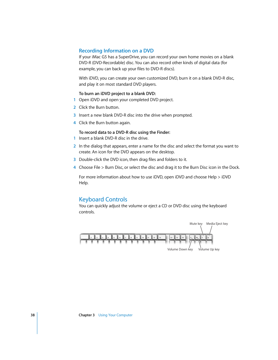 Recording information on a dvd, Keyboard controls | Apple iMac G5 User Manual | Page 38 / 96