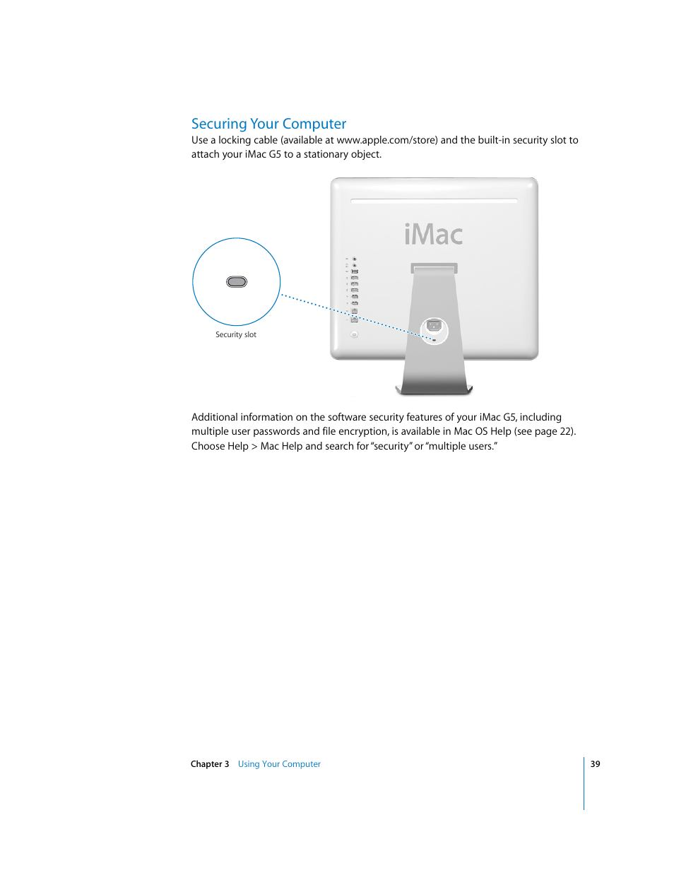 Securing your computer | Apple iMac G5 User Manual | Page 39 / 96