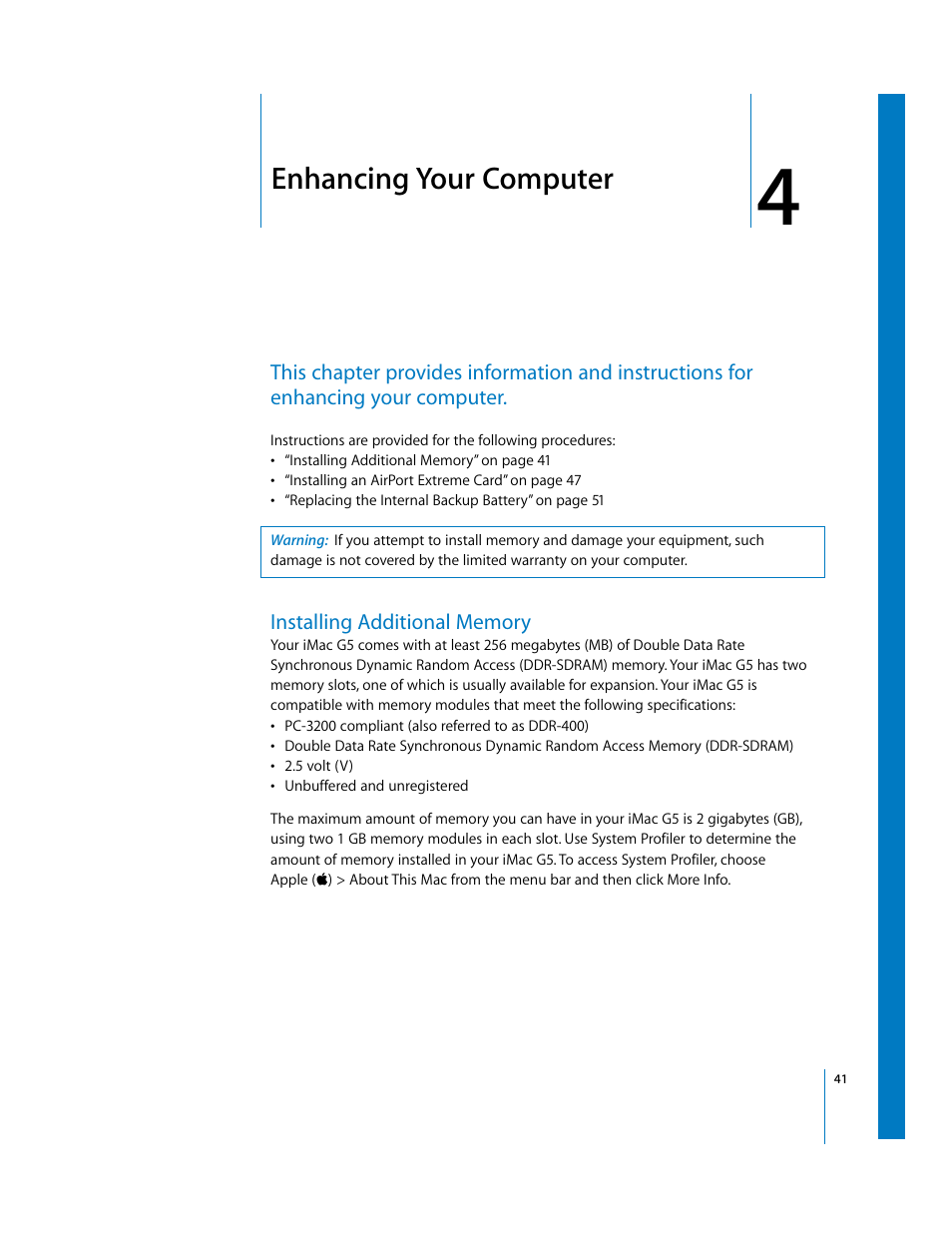Enhancing your computer, Installing additional memory, Chapter | Chapter 4, “enhancing your computer | Apple iMac G5 User Manual | Page 41 / 96