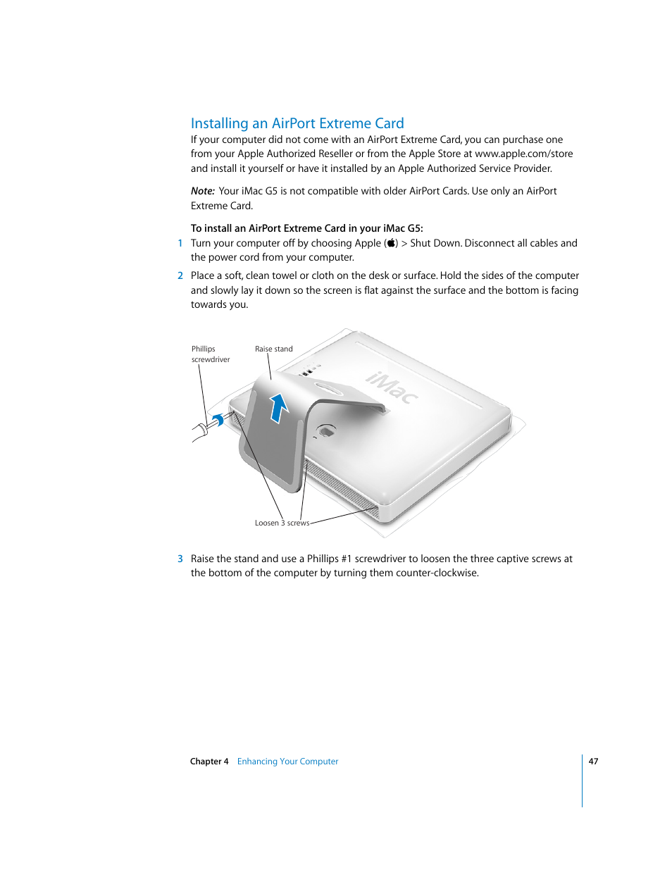Installing an airport extreme card | Apple iMac G5 User Manual | Page 47 / 96