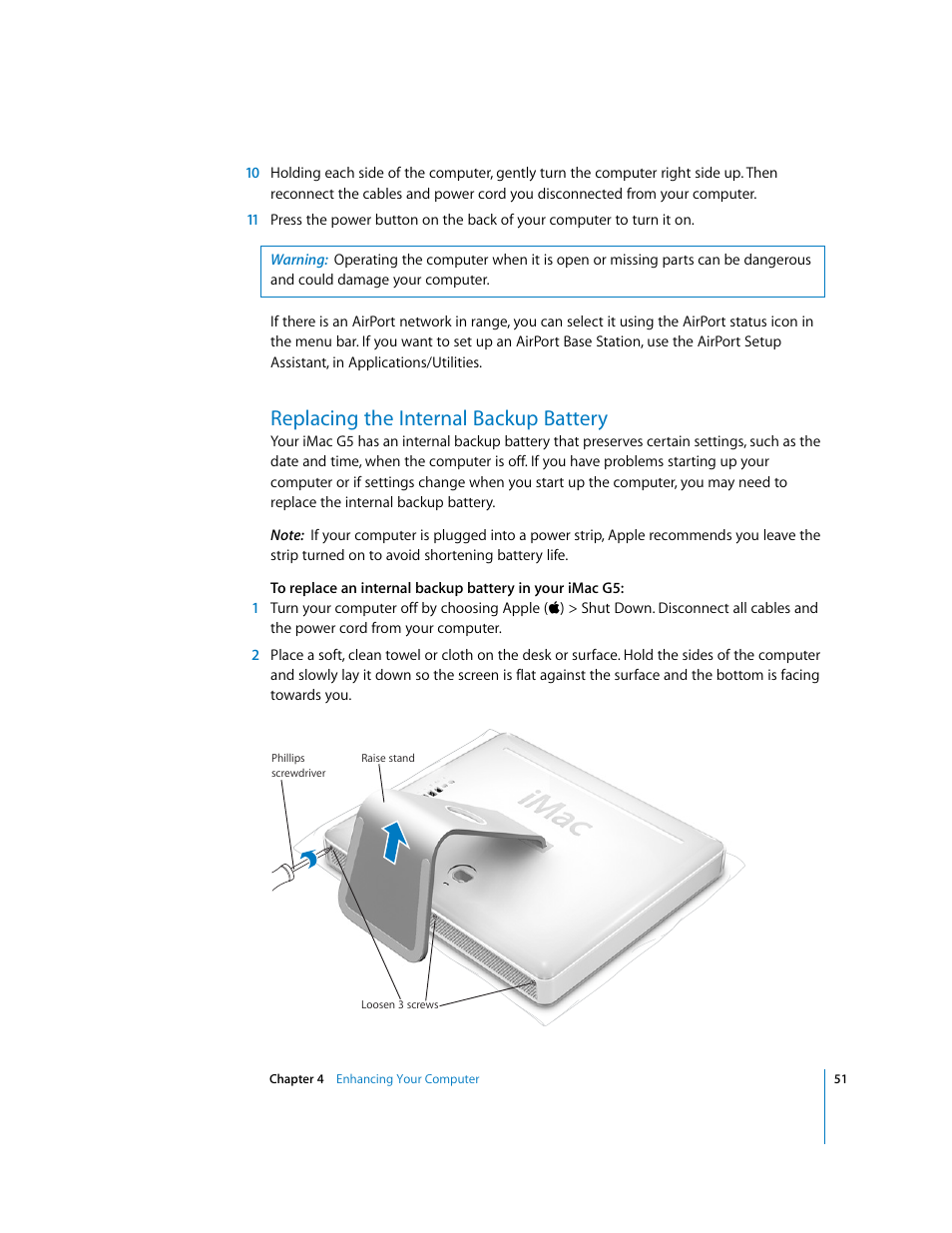 Replacing the internal backup battery | Apple iMac G5 User Manual | Page 51 / 96