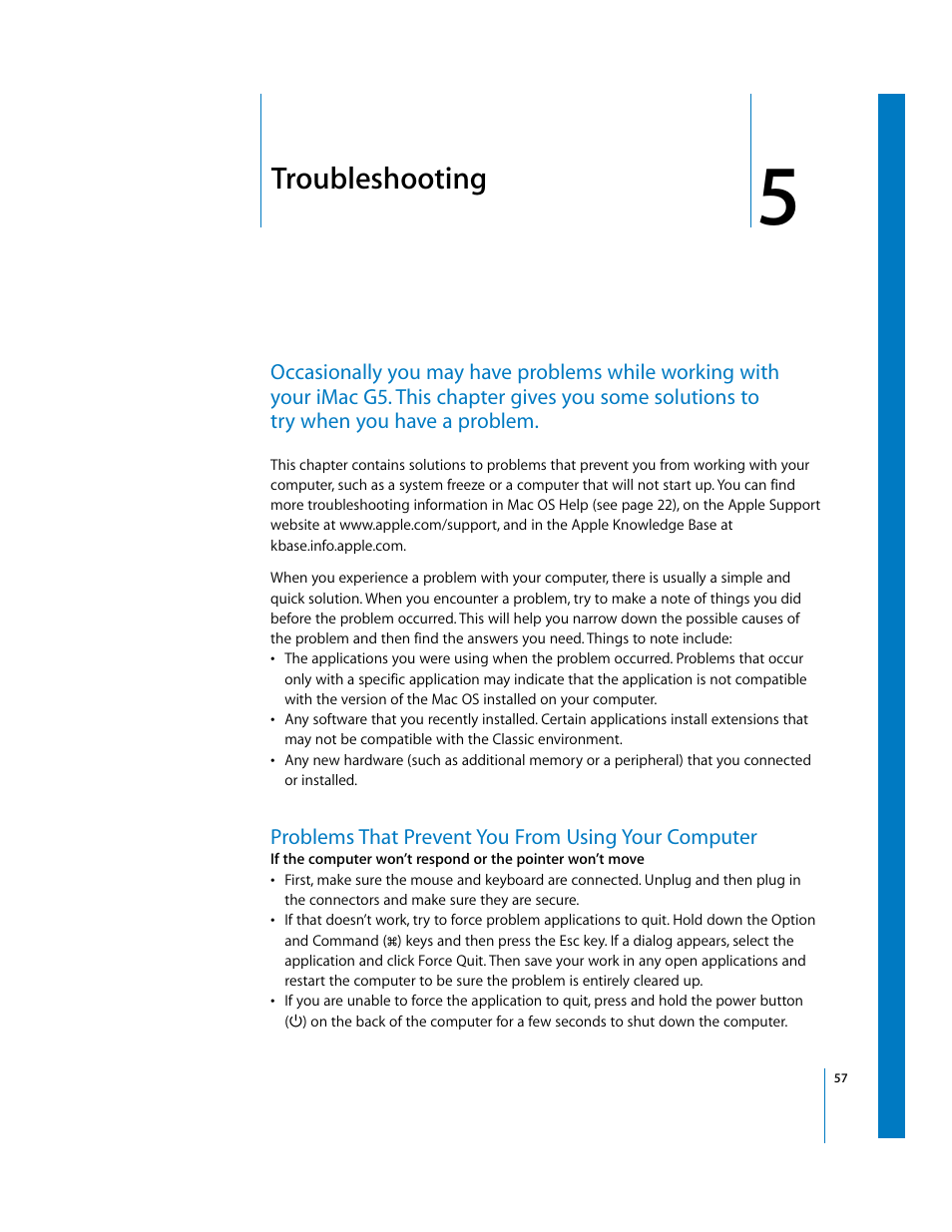 Troubleshooting, Problems that prevent you from using your computer, Chapter | Chapter 5, “troubleshooting | Apple iMac G5 User Manual | Page 57 / 96