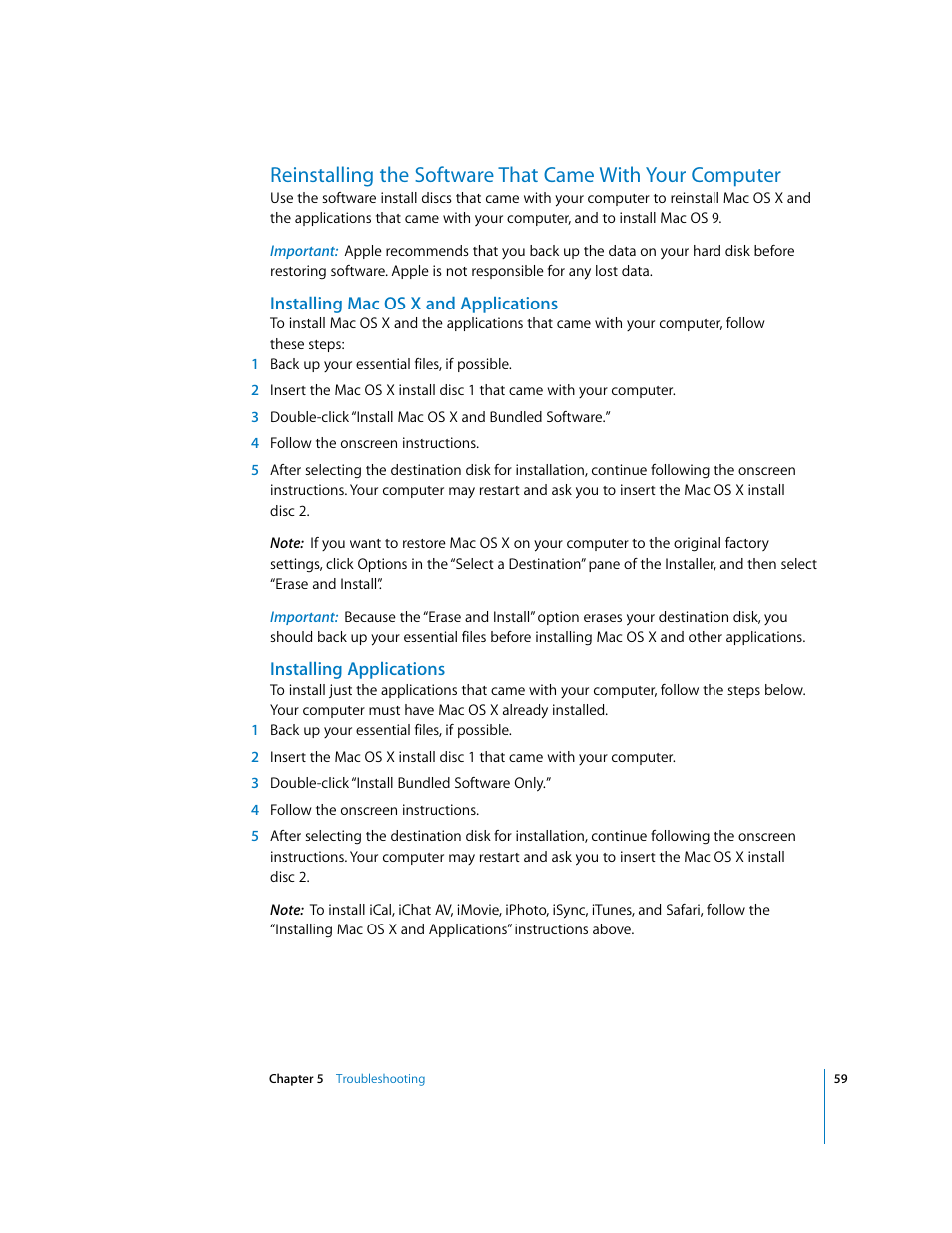 Installing macosx and applications, Installing applications | Apple iMac G5 User Manual | Page 59 / 96