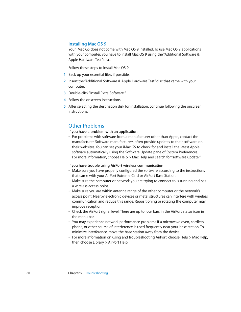 Installing macos9, Other problems | Apple iMac G5 User Manual | Page 60 / 96