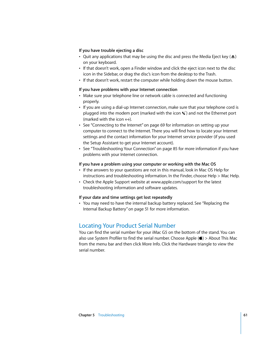 Locating your product serial number | Apple iMac G5 User Manual | Page 61 / 96