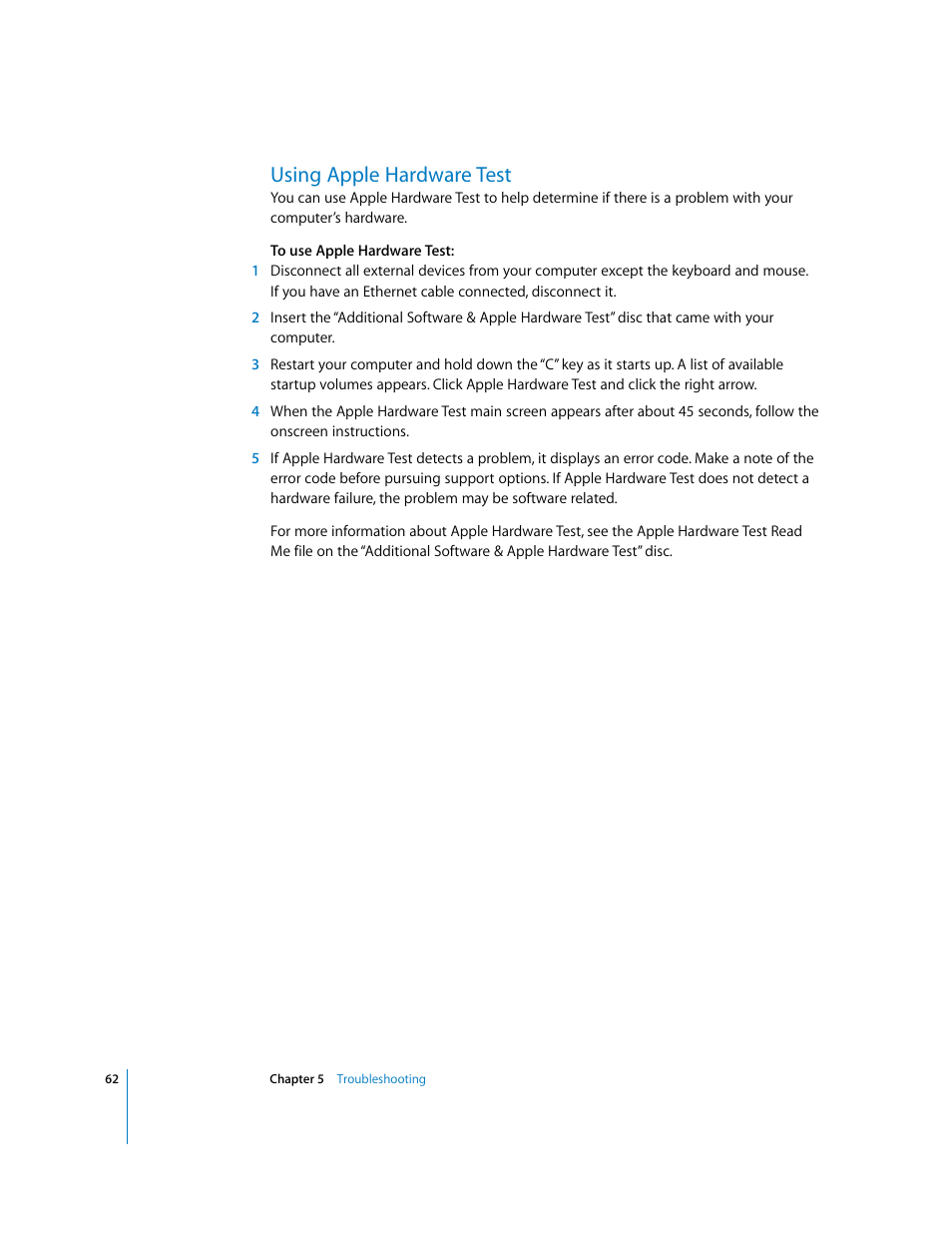 Using apple hardware test | Apple iMac G5 User Manual | Page 62 / 96
