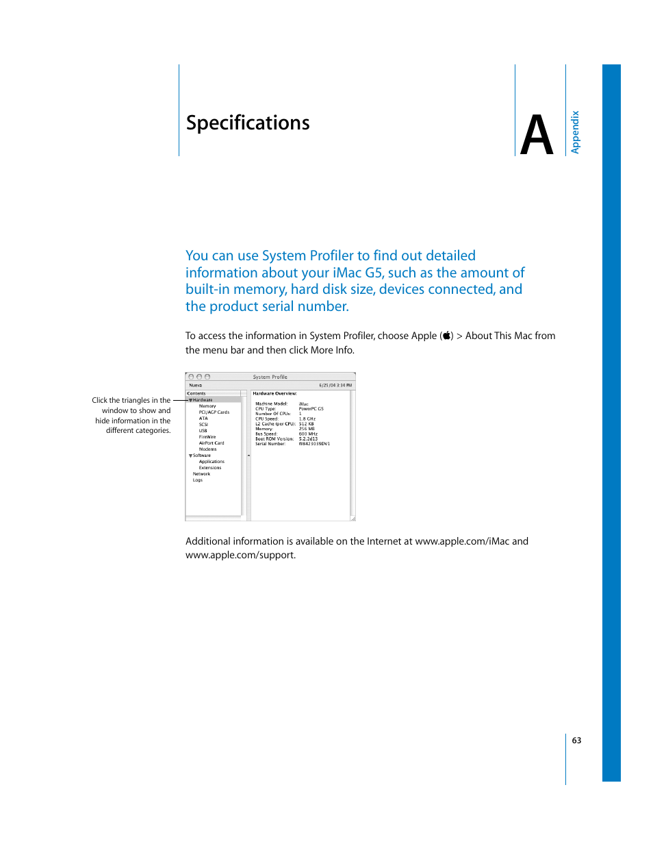 Specifications, Appendix | Apple iMac G5 User Manual | Page 63 / 96