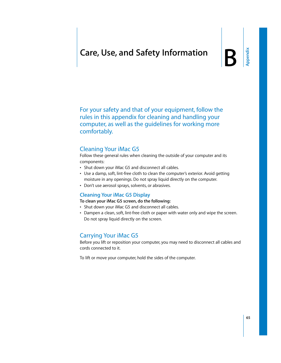 Care, use, and safety information, Cleaning your imacg5, Cleaning your imacg5 display | Carrying your imacg5, Appendix | Apple iMac G5 User Manual | Page 65 / 96