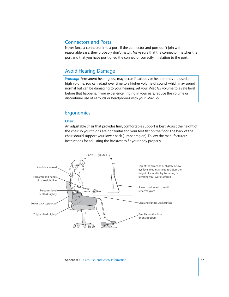 Connectors and ports, Avoid hearing damage, Ergonomics | Avoid hearing damage ergonomics | Apple iMac G5 User Manual | Page 67 / 96