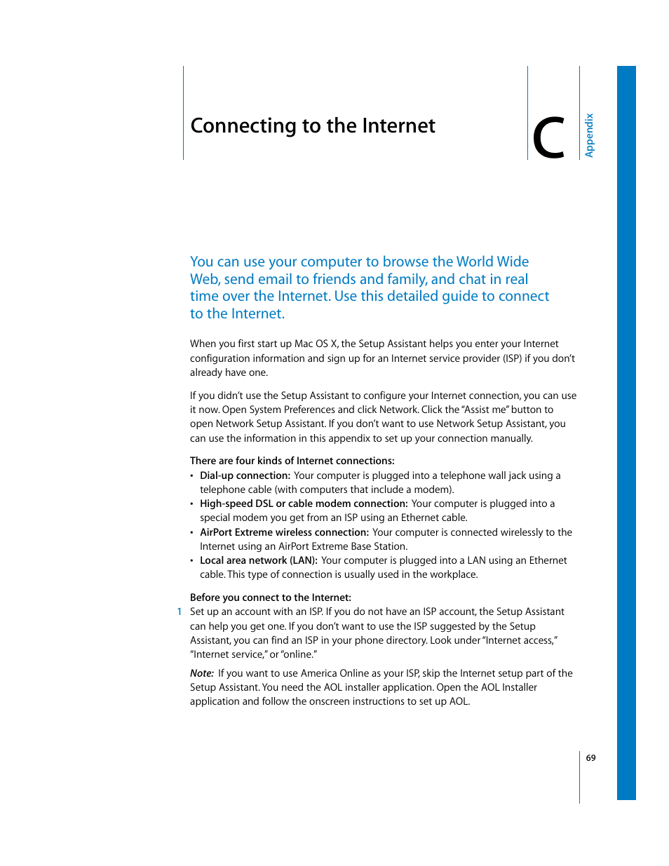 Connecting to the internet, Appendix | Apple iMac G5 User Manual | Page 69 / 96