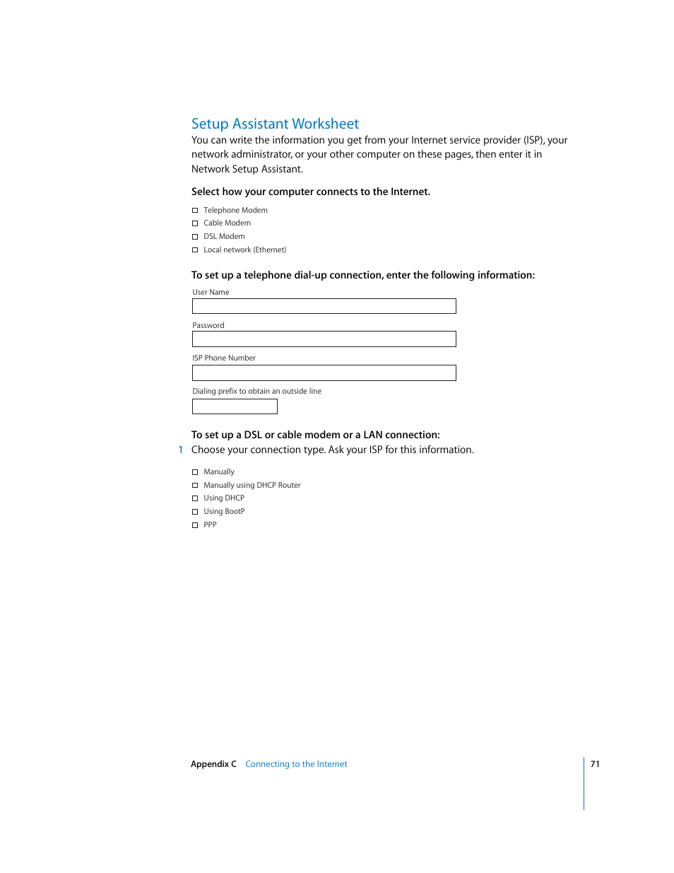 Setup assistant worksheet | Apple iMac G5 User Manual | Page 71 / 96