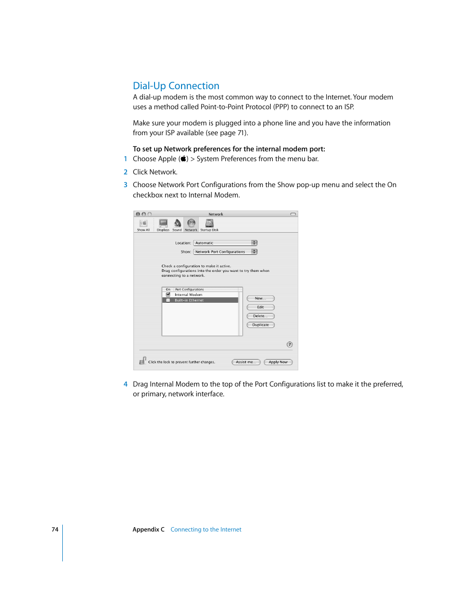 Dial-up connection | Apple iMac G5 User Manual | Page 74 / 96