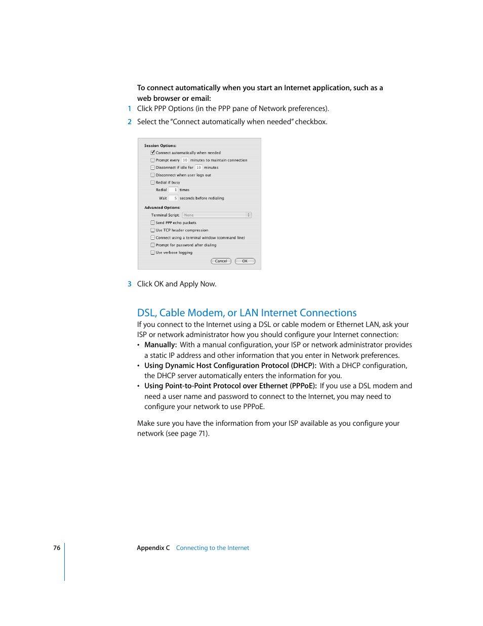 Dsl, cable modem, or lan internet connections | Apple iMac G5 User Manual | Page 76 / 96