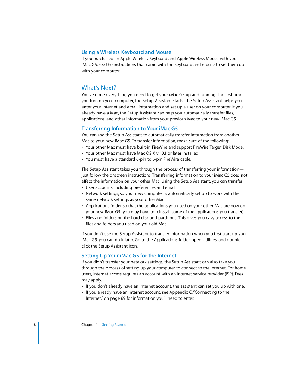 Using a wireless keyboard and mouse, What’s next, Transferring information to your imacg5 | Setting up your imacg5 for the internet | Apple iMac G5 User Manual | Page 8 / 96
