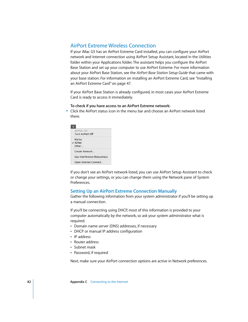 Airport extreme wireless connection, Setting up an airport extreme connection manually | Apple iMac G5 User Manual | Page 82 / 96
