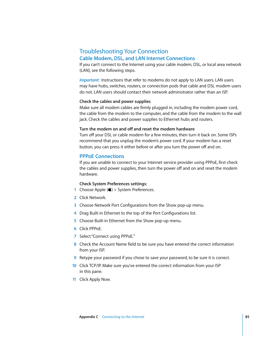 Troubleshooting your connection, Cable modem, dsl, and lan internet connections, Pppoe connections | Apple iMac G5 User Manual | Page 85 / 96