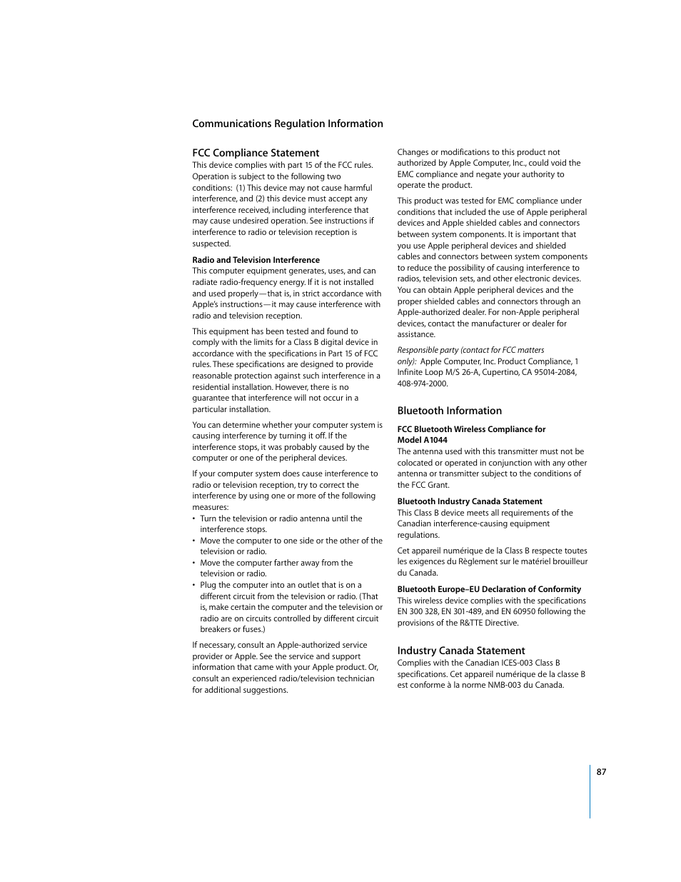 Communications regulation information | Apple iMac G5 User Manual | Page 87 / 96