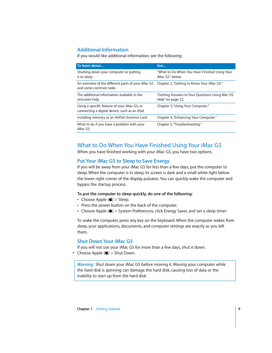 Additional information, Put your imacg5 to sleep to save energy, Shut down your imacg5 | Apple iMac G5 User Manual | Page 9 / 96
