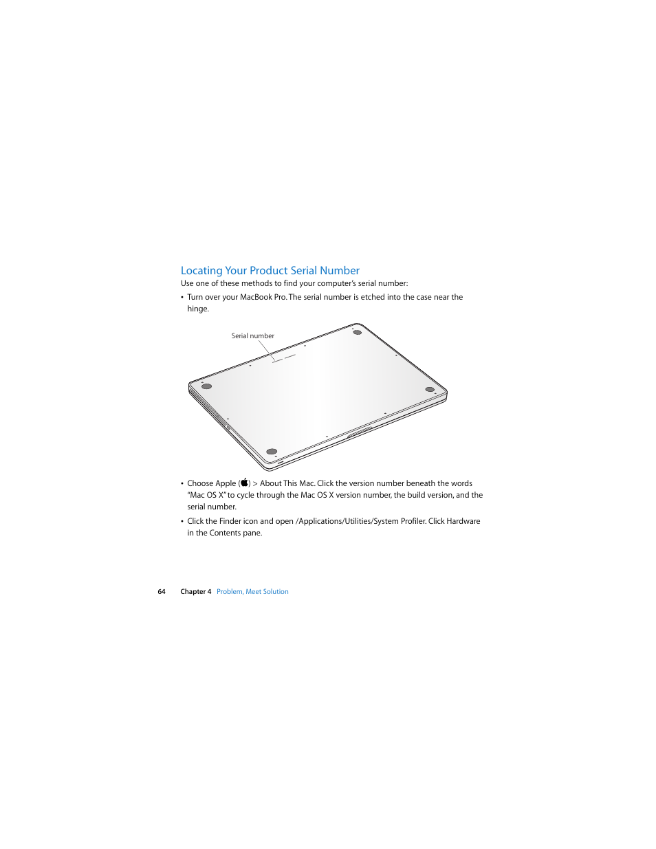 Locating your product serial number | Apple MacBook Pro (15-inch, 2.53 GHz, Mid 2009) User Manual | Page 64 / 88