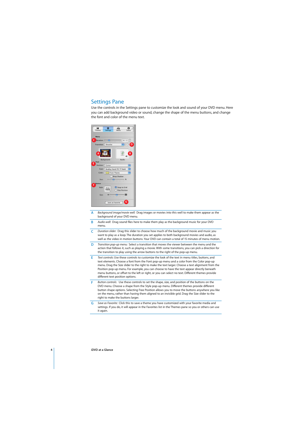 Settings pane | Apple iDVD at a Glance User Manual | Page 4 / 10