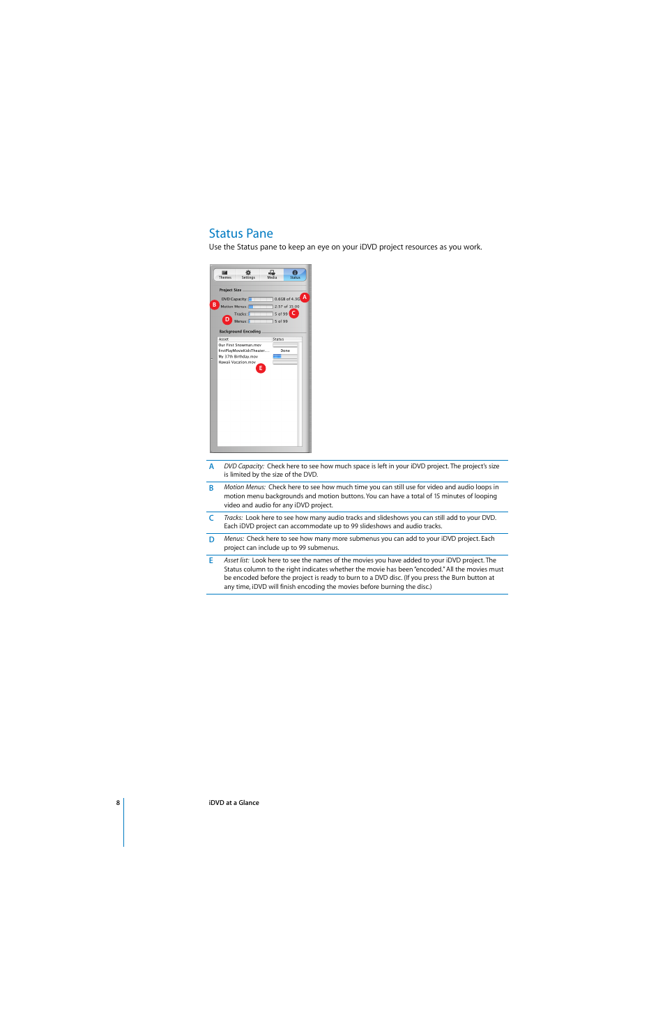 Status pane | Apple iDVD at a Glance User Manual | Page 8 / 10